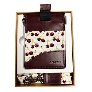 Andar The Ari Slim Leather Card Holder Wallet Wild Cherry Print with Lanyard NEW